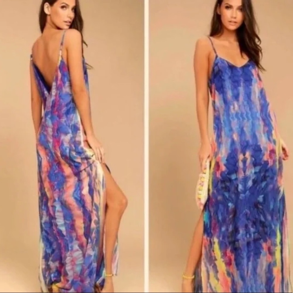 Lulu's flying watercolors maxi v-neck dress size small blue beach vacation